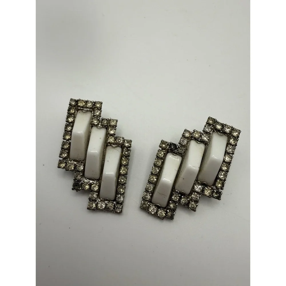 Vintage Milk Glass and Rhinestone Clip on Earrings Art Deco‎ Statement Jewelry